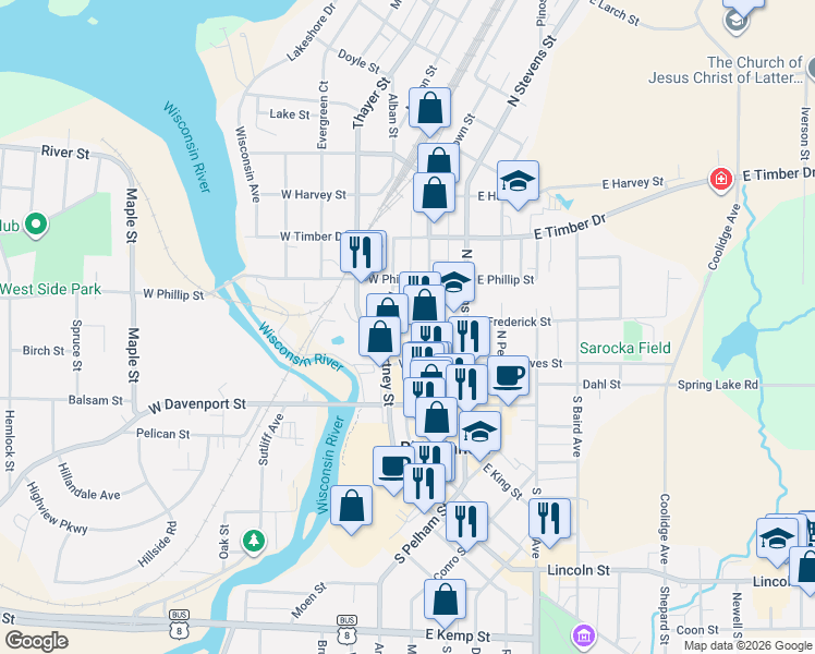 map of restaurants, bars, coffee shops, grocery stores, and more near 128 West Frederick Street in Rhinelander