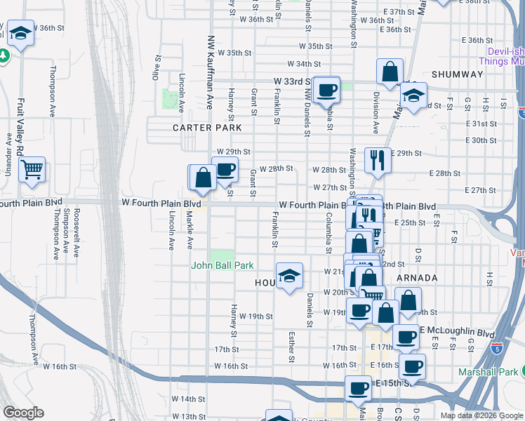 map of restaurants, bars, coffee shops, grocery stores, and more near 2539 Grant Street in Vancouver
