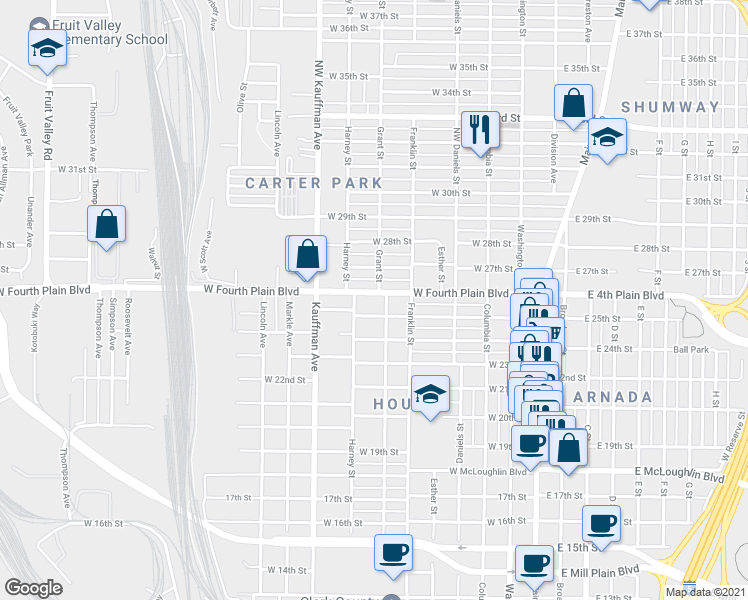 map of restaurants, bars, coffee shops, grocery stores, and more near 708 West Fourth Plain Boulevard in Vancouver