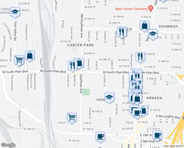 map of restaurants, bars, coffee shops, grocery stores, and more near 708 West Fourth Plain Boulevard in Vancouver