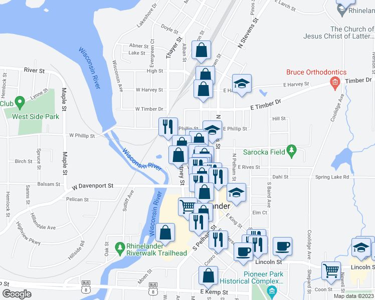 map of restaurants, bars, coffee shops, grocery stores, and more near 128 West Frederick Street in Rhinelander