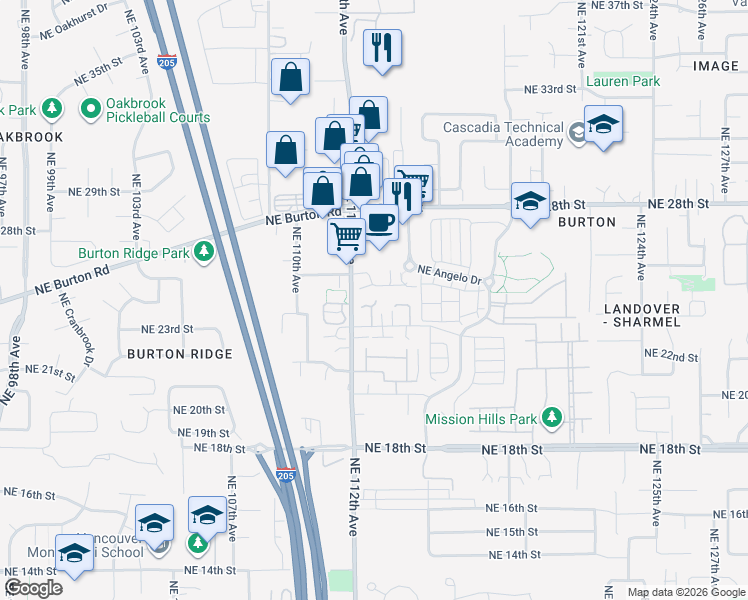 map of restaurants, bars, coffee shops, grocery stores, and more near 2415 Northeast 113th Court in Vancouver