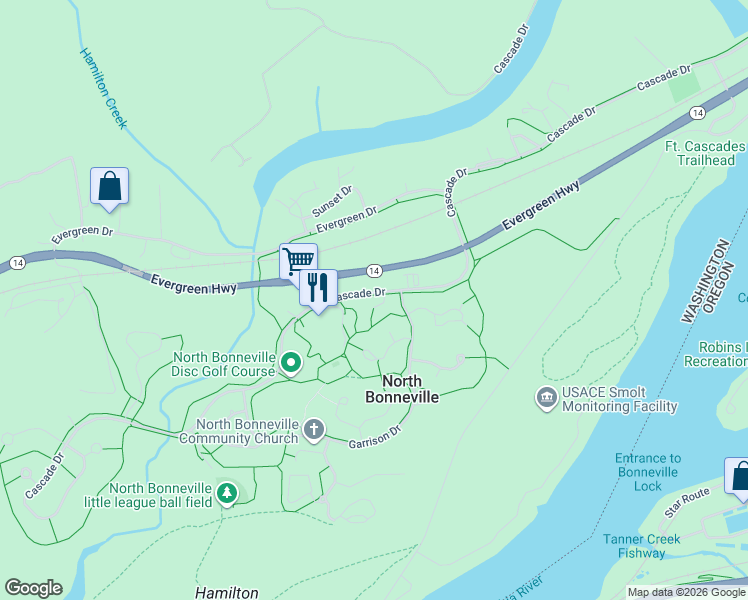 map of restaurants, bars, coffee shops, grocery stores, and more near 43 Cascade Drive in North Bonneville