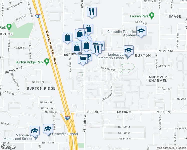 map of restaurants, bars, coffee shops, grocery stores, and more near 2425 Northeast 114th Court in Vancouver