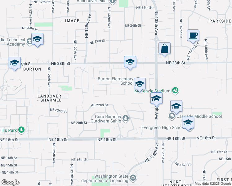 map of restaurants, bars, coffee shops, grocery stores, and more near 13218 Northeast 24th Street in Vancouver
