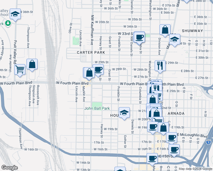 map of restaurants, bars, coffee shops, grocery stores, and more near 708 West Fourth Plain Boulevard in Vancouver
