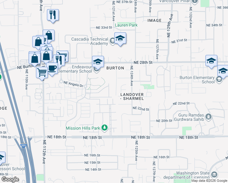 map of restaurants, bars, coffee shops, grocery stores, and more near 12101 Northeast 28th Street in Vancouver