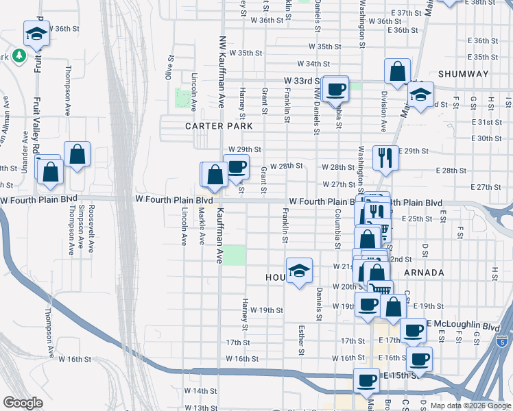 map of restaurants, bars, coffee shops, grocery stores, and more near 709 West Fourth Plain Boulevard in Vancouver