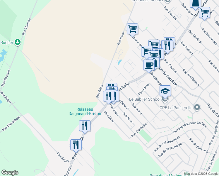 map of restaurants, bars, coffee shops, grocery stores, and more near 371 Rue Principale in Saint-Amable