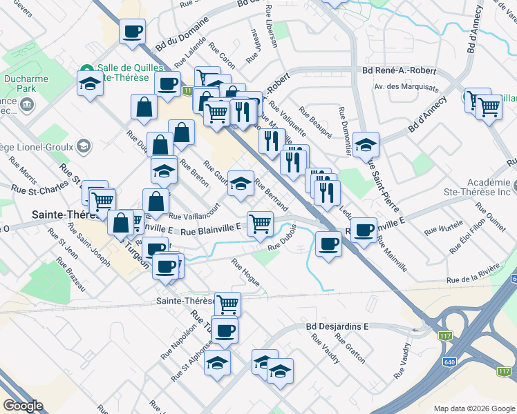 map of restaurants, bars, coffee shops, grocery stores, and more near 22 Rue Lacroix in Sainte-Thérèse