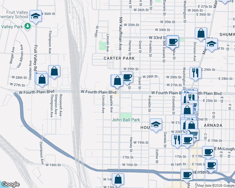 map of restaurants, bars, coffee shops, grocery stores, and more near 2518 Kauffman Avenue in Vancouver