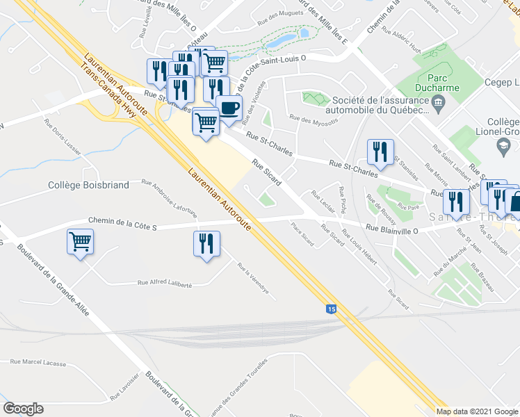 map of restaurants, bars, coffee shops, grocery stores, and more near 198 Rue André-Pontbriand in Sainte-Thérèse