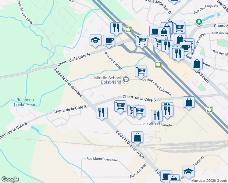 map of restaurants, bars, coffee shops, grocery stores, and more near 120 Chemin de la Côte Sud in Blainville