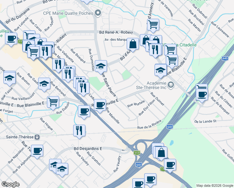 map of restaurants, bars, coffee shops, grocery stores, and more near 146 Rue Saint-Pierre in Sainte-Thérèse