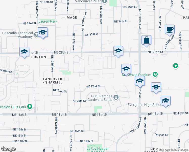 map of restaurants, bars, coffee shops, grocery stores, and more near 13108 Northeast 25th Street in Vancouver