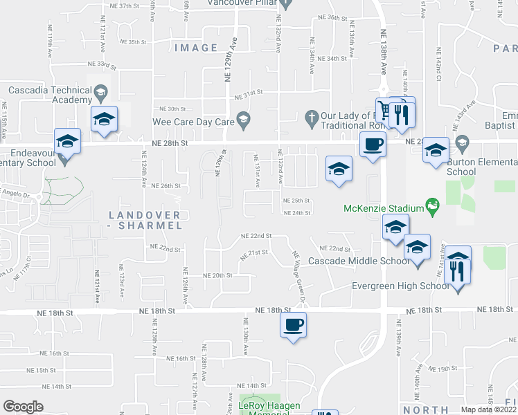 map of restaurants, bars, coffee shops, grocery stores, and more near 13108 Northeast 25th Street in Vancouver