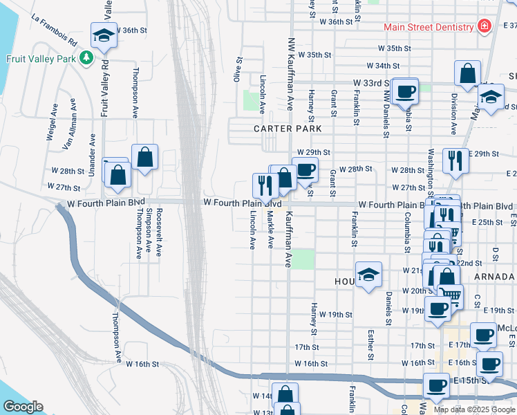 map of restaurants, bars, coffee shops, grocery stores, and more near 1212 West Fourth Plain Boulevard in Vancouver