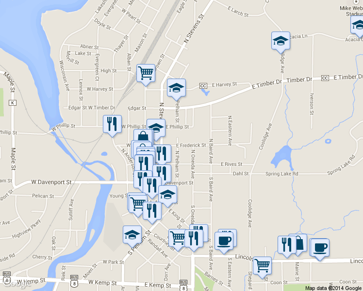 map of restaurants, bars, coffee shops, grocery stores, and more near 127 East Frederick Street in Rhinelander