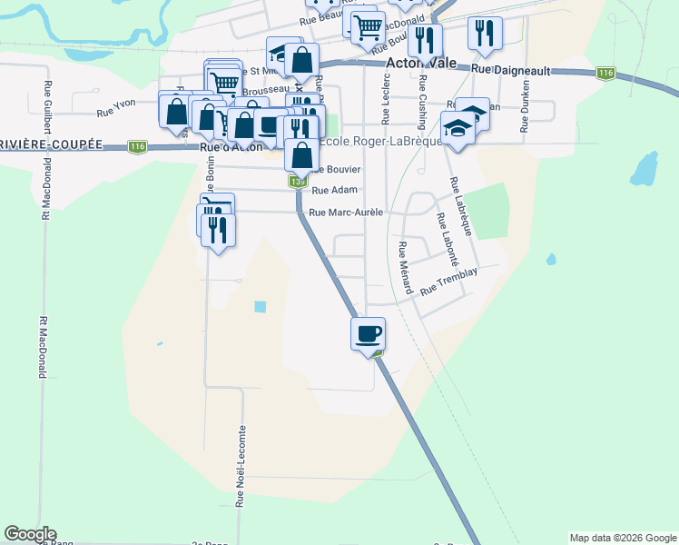 map of restaurants, bars, coffee shops, grocery stores, and more near 1250 Rue Léon-Gauthier in Acton Vale