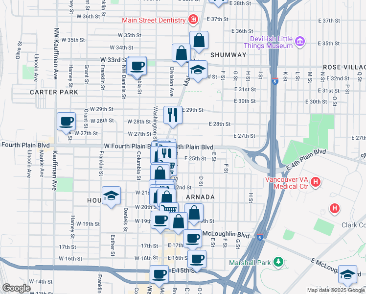 map of restaurants, bars, coffee shops, grocery stores, and more near 205 East 4th Plain Boulevard in Vancouver