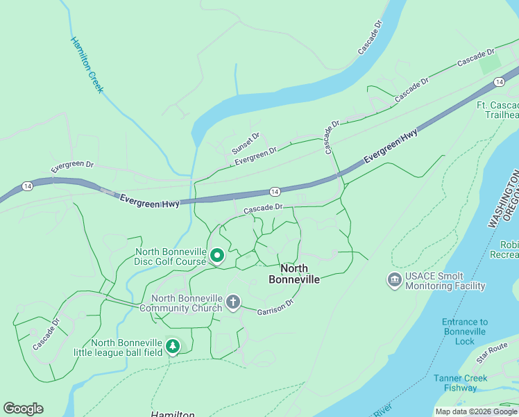 map of restaurants, bars, coffee shops, grocery stores, and more near 43 Cascade Drive in North Bonneville