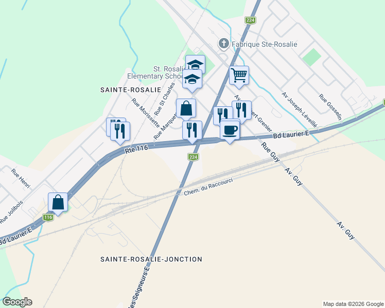 map of restaurants, bars, coffee shops, grocery stores, and more near 4620 Rue des Seigneurs Est in Saint-Hyacinthe