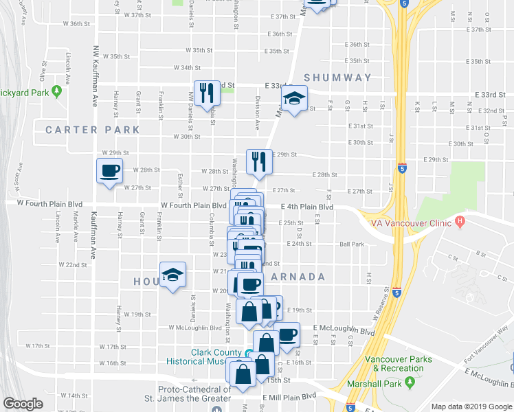 map of restaurants, bars, coffee shops, grocery stores, and more near 140 East 4th Plain Boulevard in Vancouver