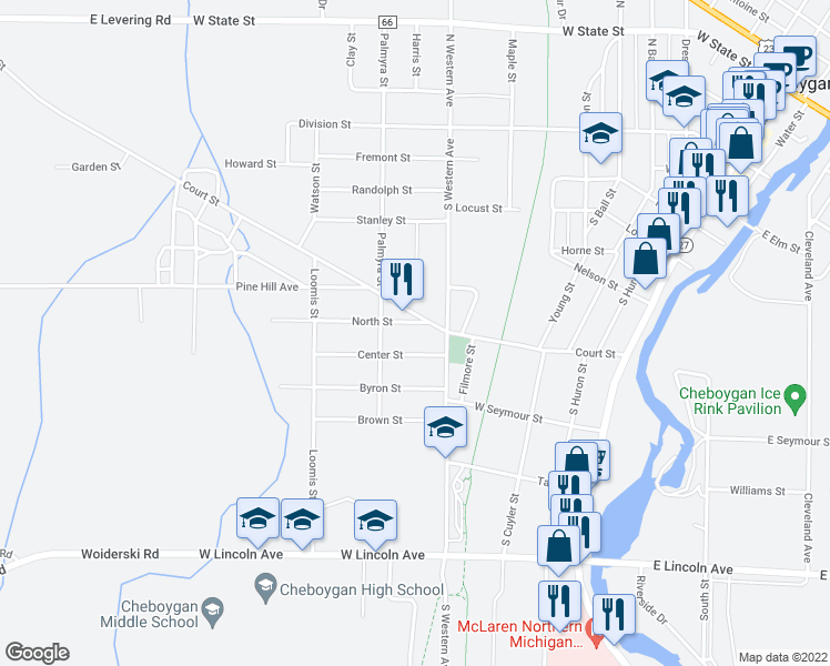 map of restaurants, bars, coffee shops, grocery stores, and more near 1101 Court Street in Cheboygan