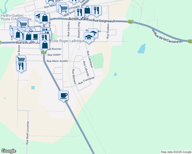map of restaurants, bars, coffee shops, grocery stores, and more near 855 Rue Tremblay in Acton Vale