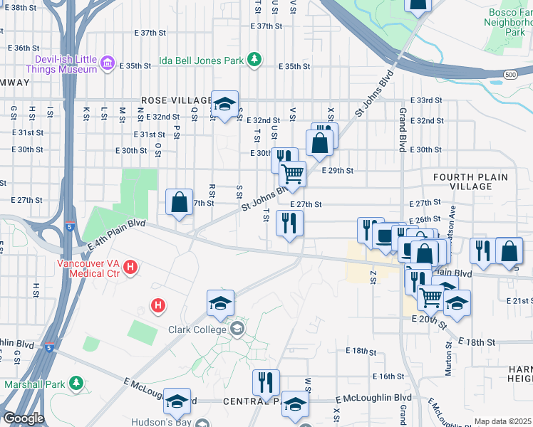 map of restaurants, bars, coffee shops, grocery stores, and more near 2607 T Street in Vancouver
