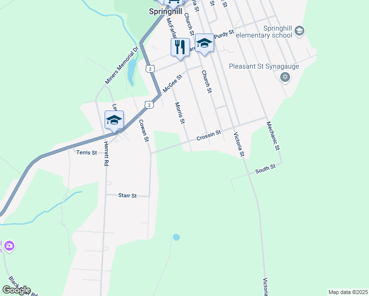 map of restaurants, bars, coffee shops, grocery stores, and more near 23 Crossin Street in Springhill
