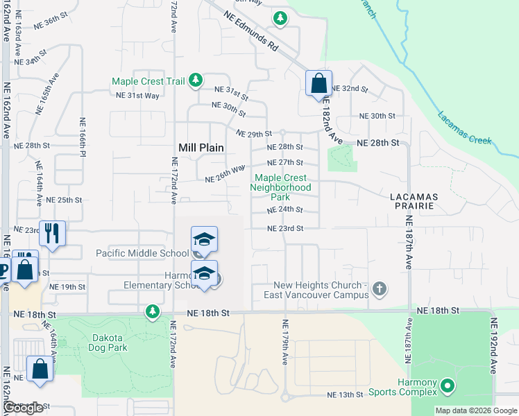 map of restaurants, bars, coffee shops, grocery stores, and more near 17711 Northeast 25th Street in Vancouver