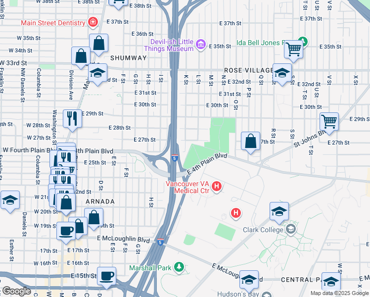 map of restaurants, bars, coffee shops, grocery stores, and more near 2610 K Street in Vancouver