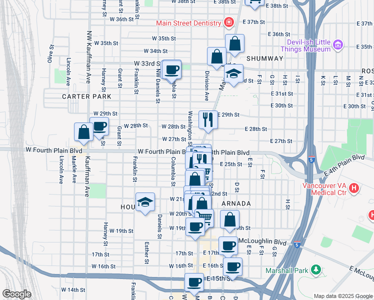 map of restaurants, bars, coffee shops, grocery stores, and more near 212 West Fourth Plain Boulevard in Vancouver