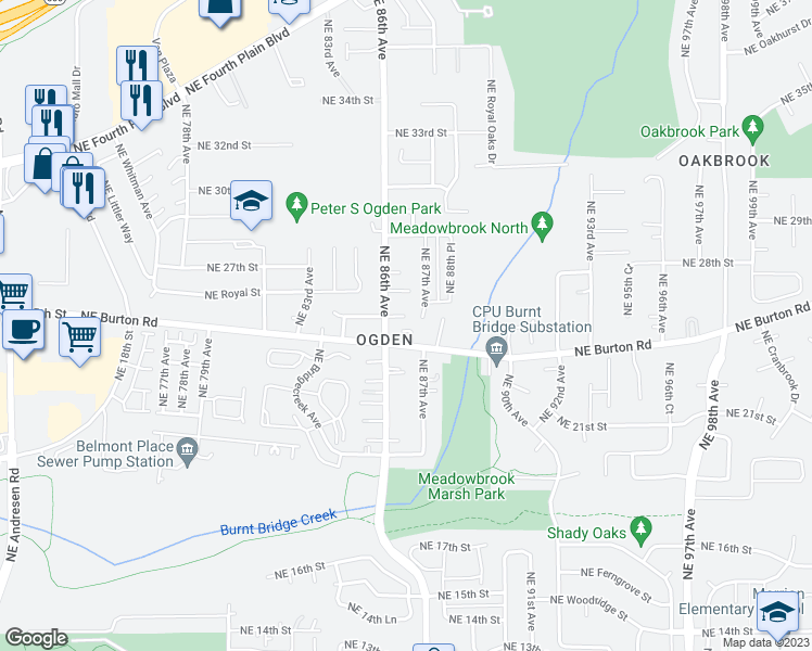map of restaurants, bars, coffee shops, grocery stores, and more near 8612 Northeast Burton Road in Vancouver