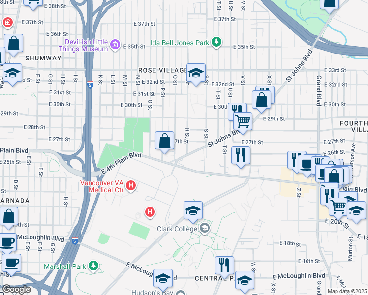 map of restaurants, bars, coffee shops, grocery stores, and more near 2610 R Street in Vancouver