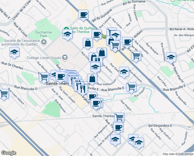 map of restaurants, bars, coffee shops, grocery stores, and more near 7 Rue Tassé in Sainte-Thérèse