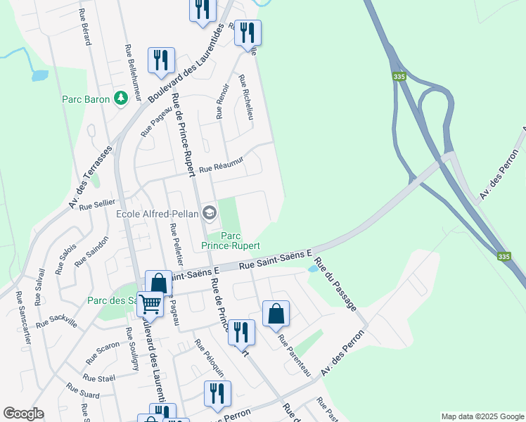 map of restaurants, bars, coffee shops, grocery stores, and more near 730 Rue Rancourt in Laval