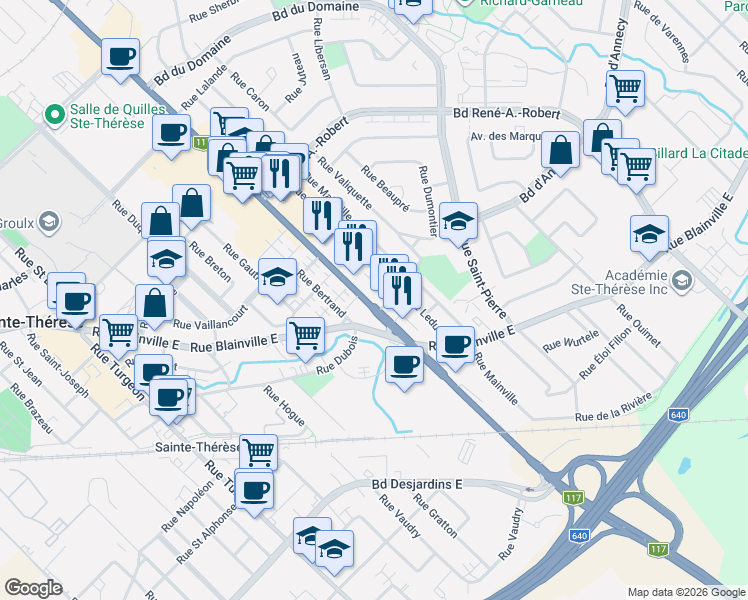 map of restaurants, bars, coffee shops, grocery stores, and more near 86 Boulevard du Curé-Labelle in Sainte-Thérèse
