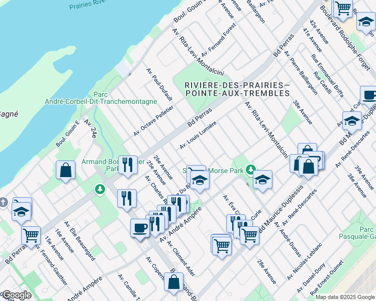 map of restaurants, bars, coffee shops, grocery stores, and more near 12320 Avenue Pierre Rémi Narbonne in Montréal