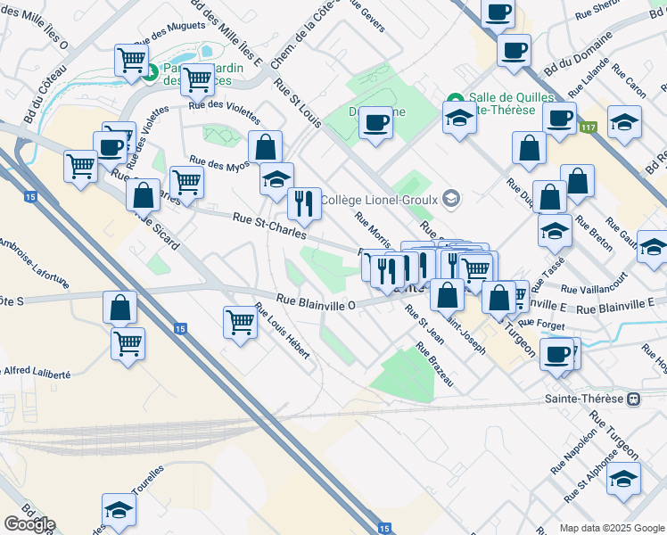 map of restaurants, bars, coffee shops, grocery stores, and more near 5 Rue Deschambault in Sainte-Thérèse