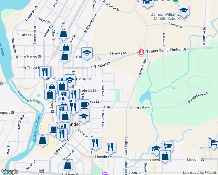 map of restaurants, bars, coffee shops, grocery stores, and more near 321 East Frederick Street in Rhinelander
