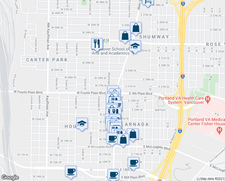map of restaurants, bars, coffee shops, grocery stores, and more near 102 West Fourth Plain Boulevard in Vancouver