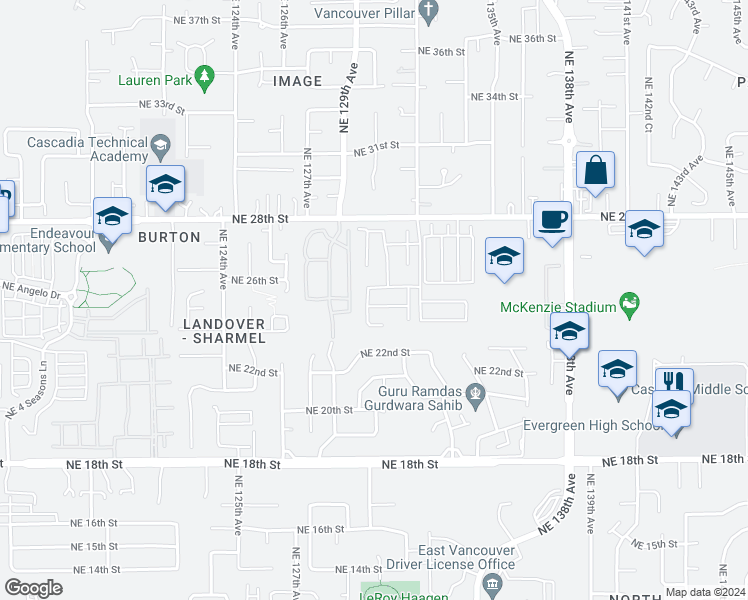 map of restaurants, bars, coffee shops, grocery stores, and more near 13000 Northeast 25th Street in Vancouver