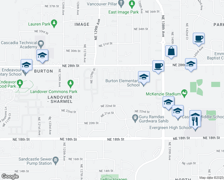 map of restaurants, bars, coffee shops, grocery stores, and more near 13108 Northeast 25th Street in Vancouver
