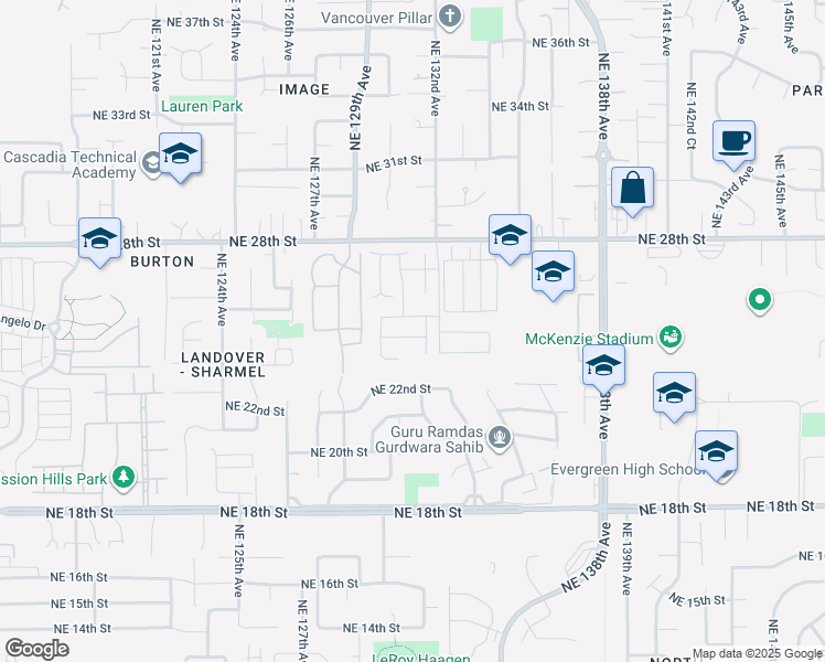 map of restaurants, bars, coffee shops, grocery stores, and more near 13106 Northeast 25th Street in Vancouver