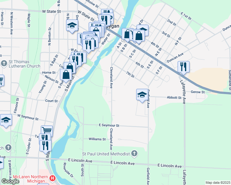 map of restaurants, bars, coffee shops, grocery stores, and more near 417 Cleveland Avenue in Cheboygan