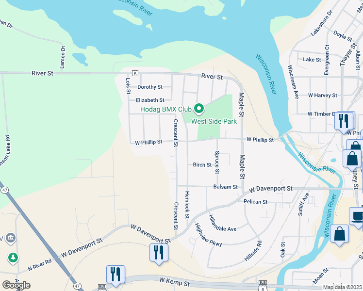 map of restaurants, bars, coffee shops, grocery stores, and more near 903 West Phillip Street in Rhinelander