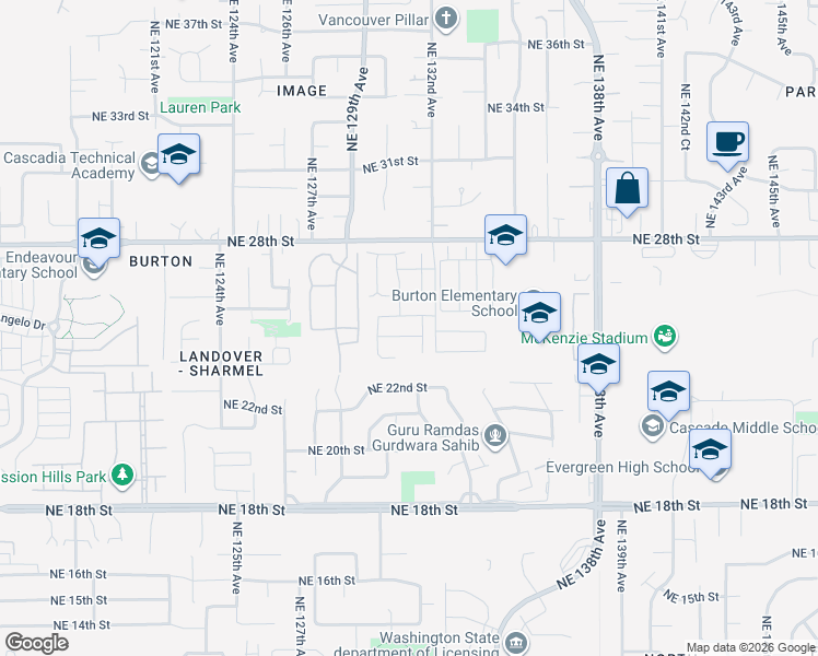 map of restaurants, bars, coffee shops, grocery stores, and more near 13108 Northeast 25th Street in Vancouver