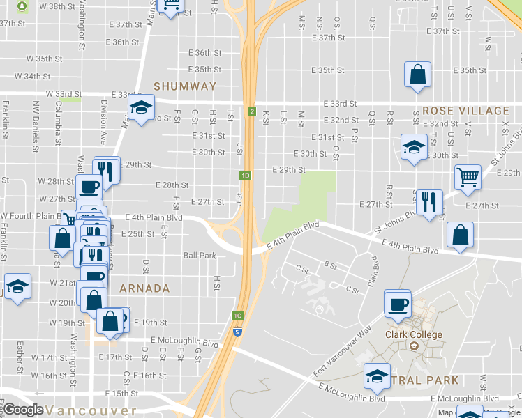 map of restaurants, bars, coffee shops, grocery stores, and more near 2610 K Street in Vancouver